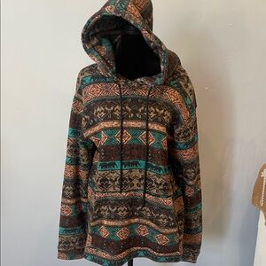 Patterned Hooded Baja style top large multi colored southwestern vibes